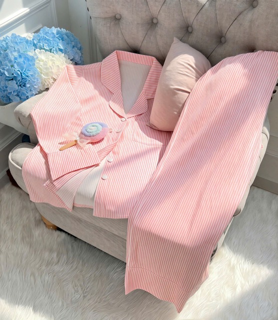 Pijama tay dài quần dài full viền, kẻ sọc hồng